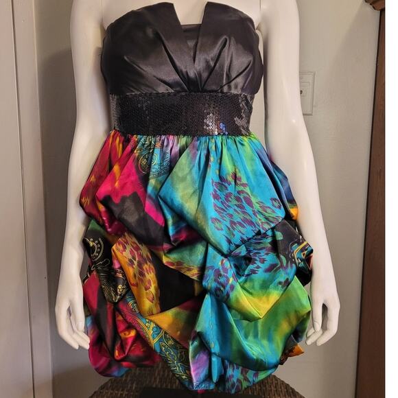 Studio Y Bubble Hem Cocktail Dress Psychedelic Rainbow Party Strapless Retro 6 - Picture 1 of 11